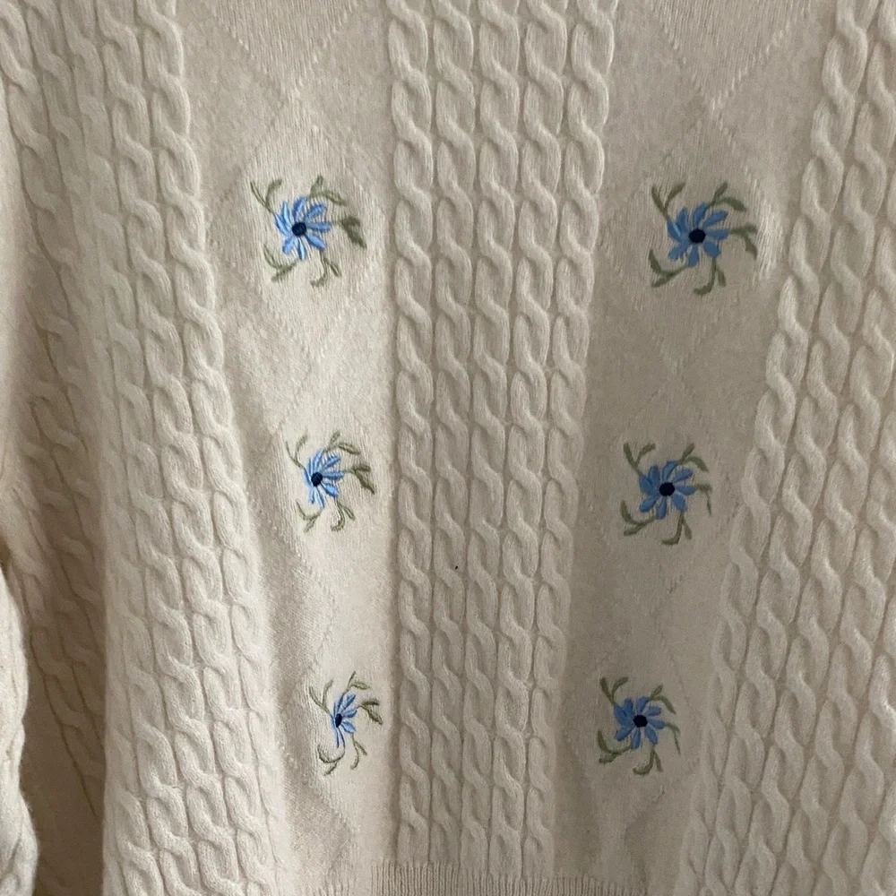 Sandro Cream Cable Knit Sweater with Blue Floral Accents - Picture 3 of 4